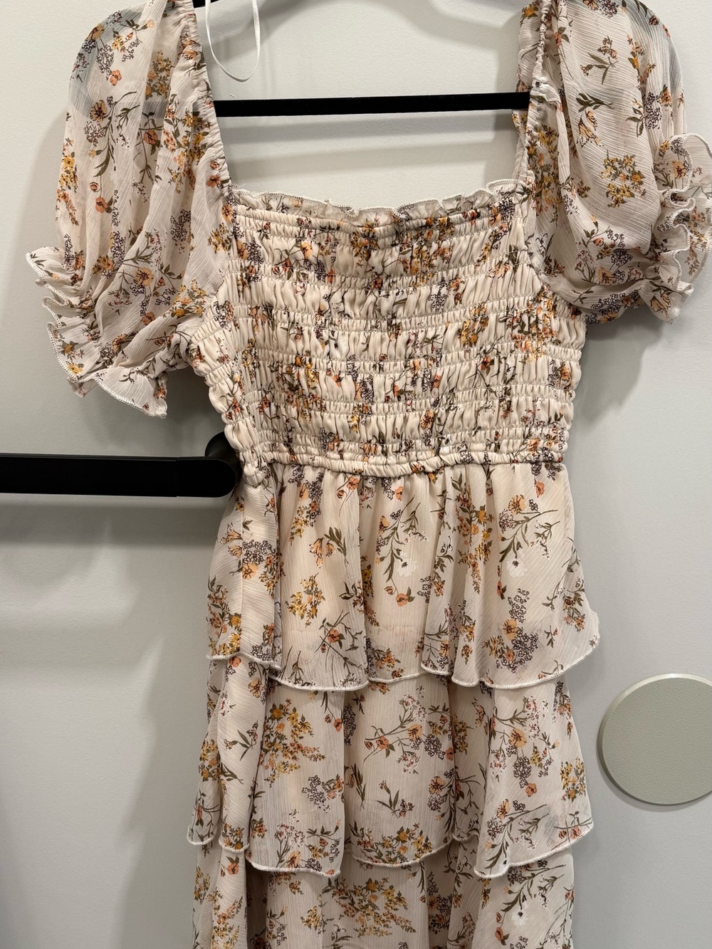 Floral Smocked Mini Dress in Cream with Puff Sleeves